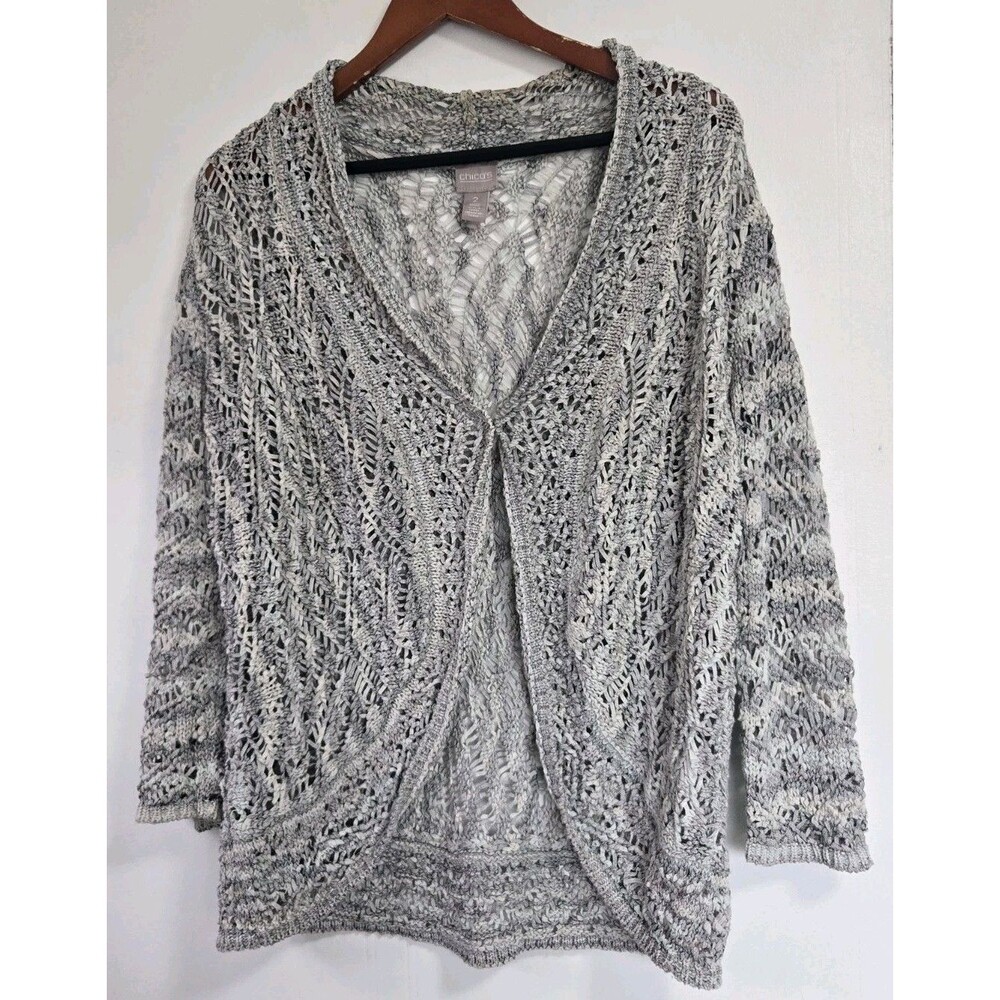Chicos Sweater Womens 2 Grey Crochet Open Front Cardigan Festival Boho Coastal
